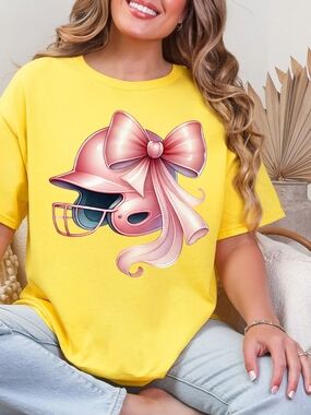 Gildan Yellow Tee with Pink Helmet Bow Graphic